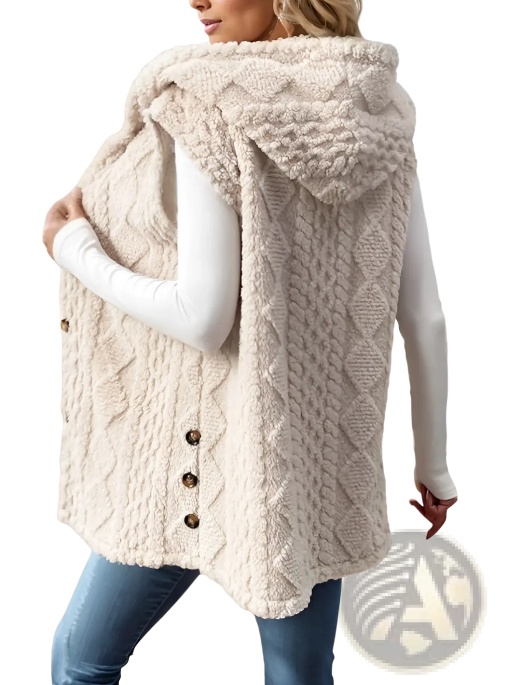 Women cable knit fleece hooded vest in cream color with plush texture and dark brown buttons for added warmth