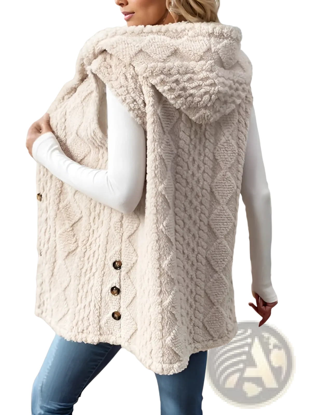 Women cable knit fleece hooded vest in cream color with plush texture and dark brown buttons for added warmth