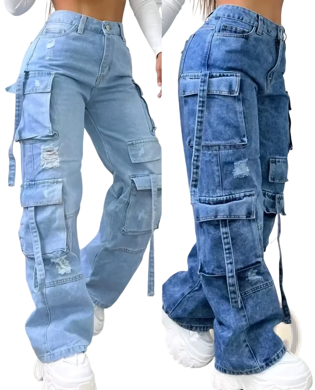 Women cargo jeans light-wash denim trousers high waist with multiple pockets and distressed details