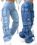 Women cargo jeans light-wash denim trousers high waist with multiple pockets and distressed details