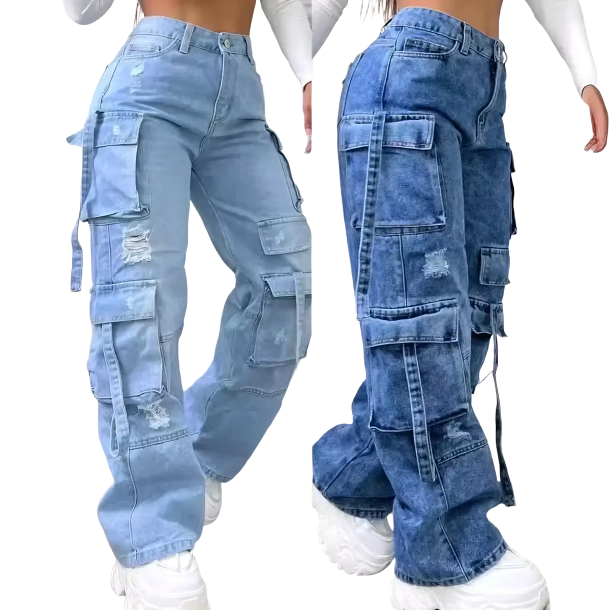 Women cargo jeans high waist light-wash denim trousers with multiple pockets and distressed details