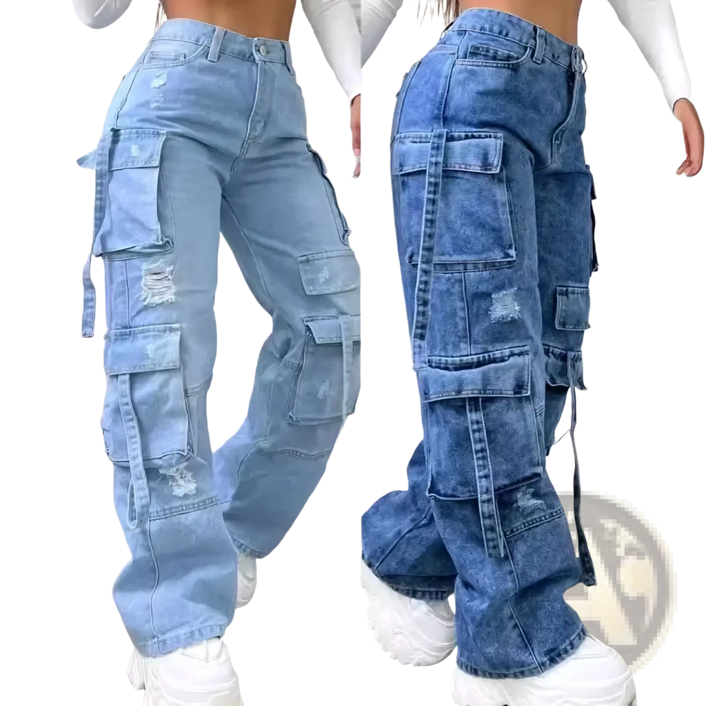 Women cargo jeans high waist light-wash denim trousers with multiple pockets and distressed details