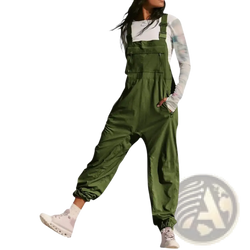 Olive green women cargo overalls with adjustable straps and multiple pockets casual loose sleeveless jumpsuit