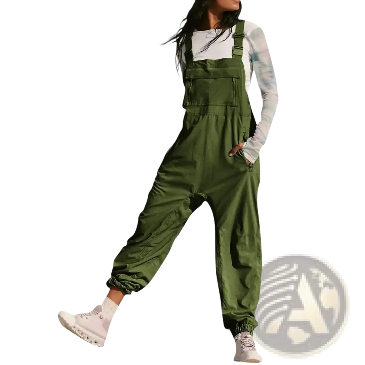 Olive green women cargo overalls with adjustable straps and multiple pockets casual loose sleeveless jumpsuit
