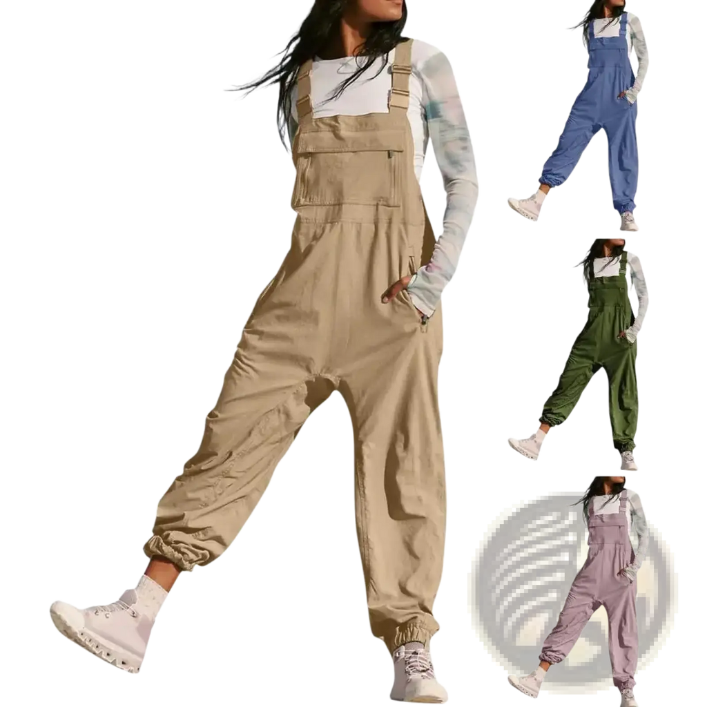 Beige cargo overalls women’s casual loose sleeveless jumpsuit with adjustable straps and multiple pockets in relaxed fit