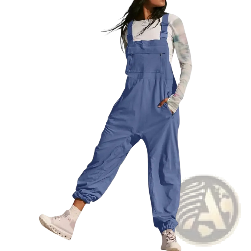 Women cargo overalls casual loose sleeveless jumpsuit in blue denim with adjustable straps and multiple pockets