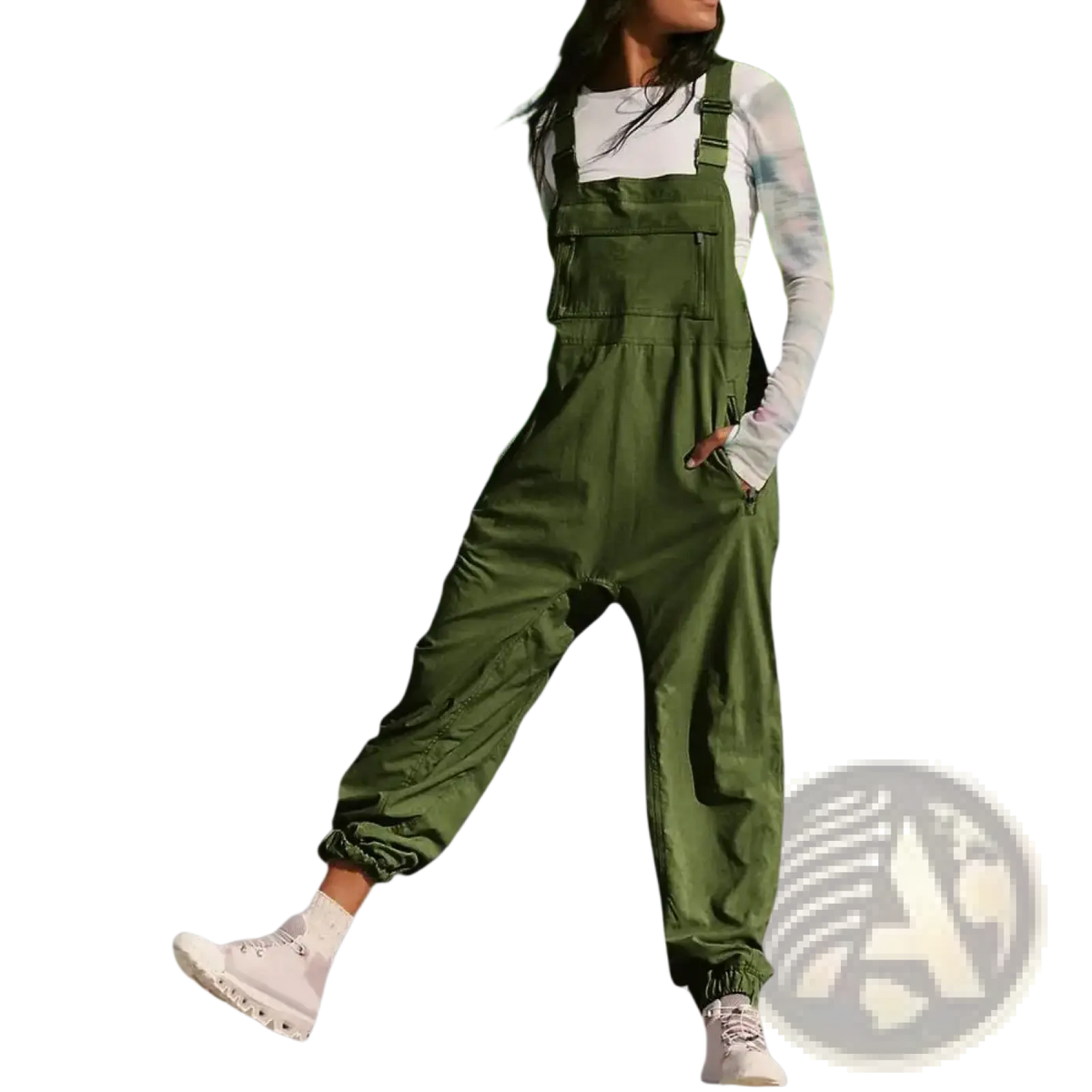 Olive green women cargo overalls casual loose sleeveless jumpsuit with adjustable straps and multiple pockets