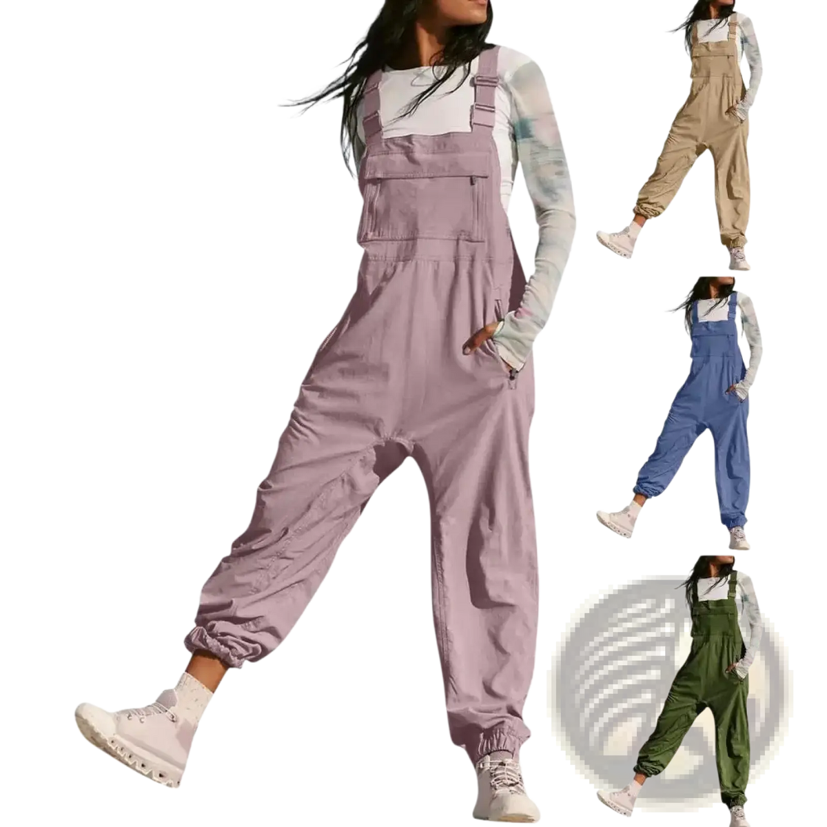 Women cargo overalls casual loose sleeveless purple cotton jumpsuit with adjustable straps and elastic cuffs