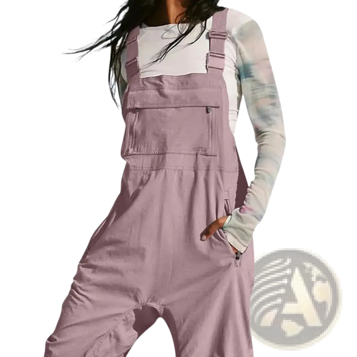 Women cargo overalls casual loose sleeveless jumpsuit in soft lavender denim with adjustable straps and multiple pockets