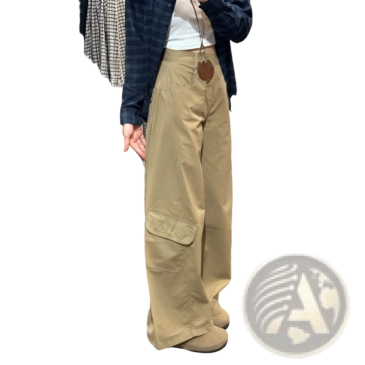 Women beige cargo pants high waist with large side pockets and a relaxed wide leg cut in khaki fabric