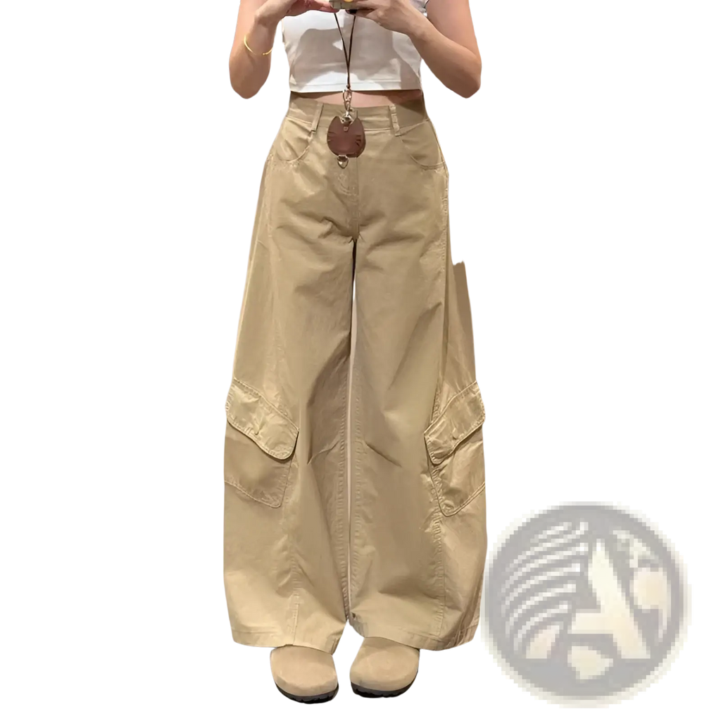 Women cargo pants high waist wide leg khaki in beige featuring multiple large pockets and a relaxed fit