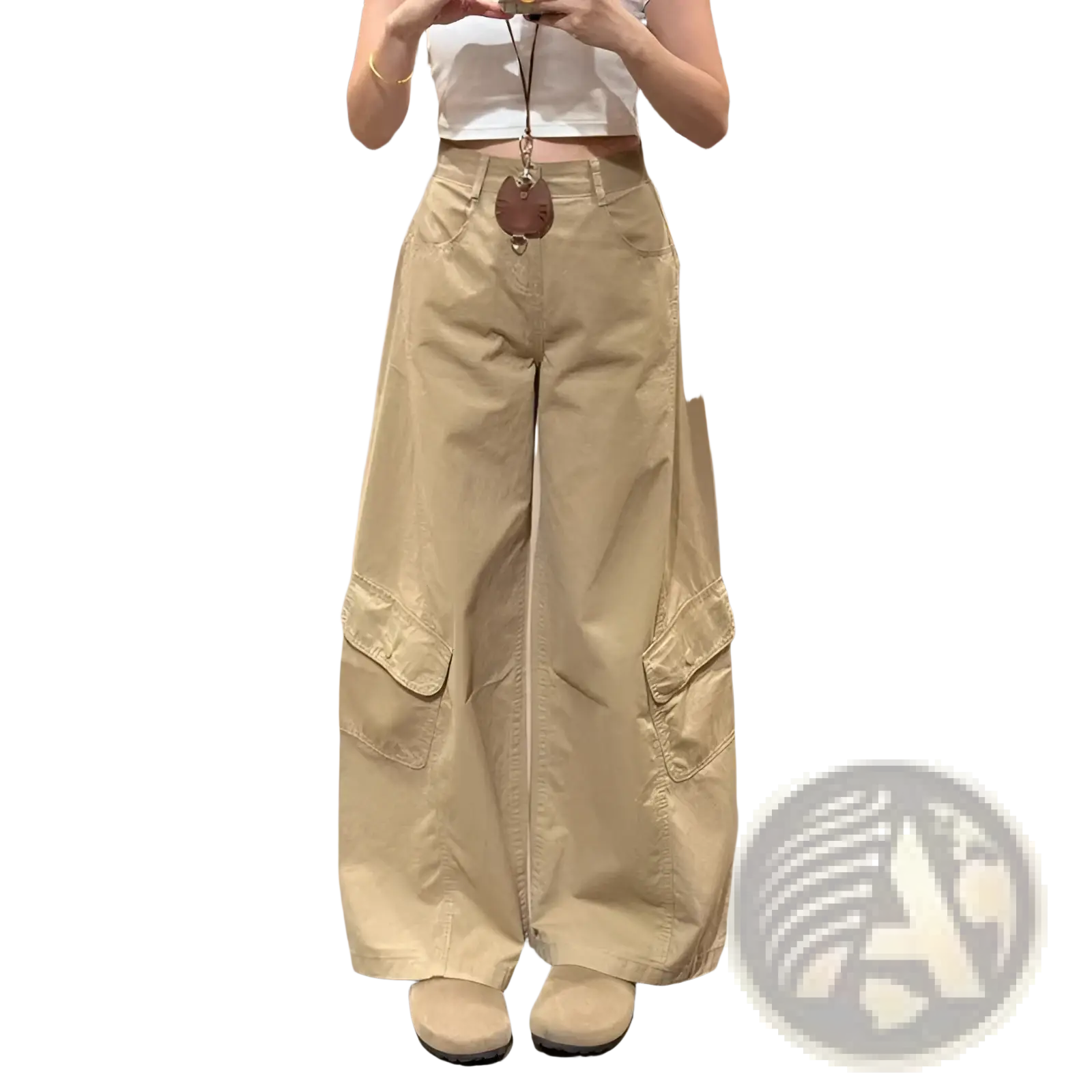 Women cargo pants high waist wide leg khaki in beige featuring multiple large pockets and a relaxed fit