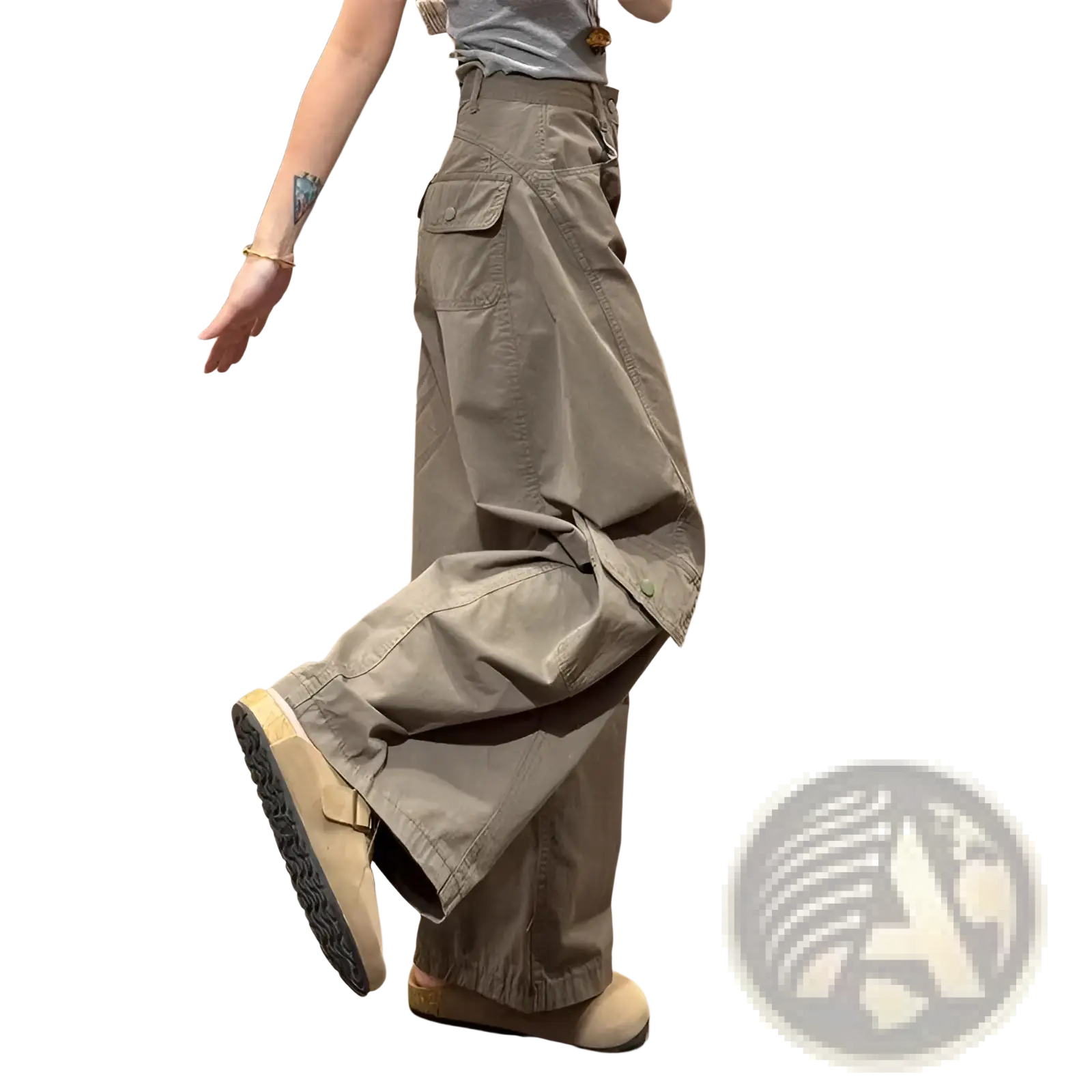 Beige high waist wide leg cargo pants for women featuring multiple pockets and a relaxed fit in khaki fabric