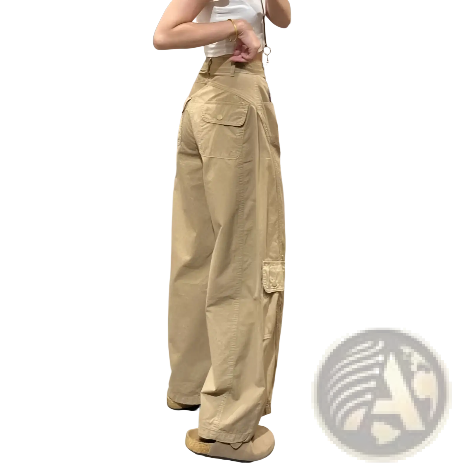 Women cargo pants high waist wide leg khaki beige with multiple pockets and relaxed wide-leg cut front view
