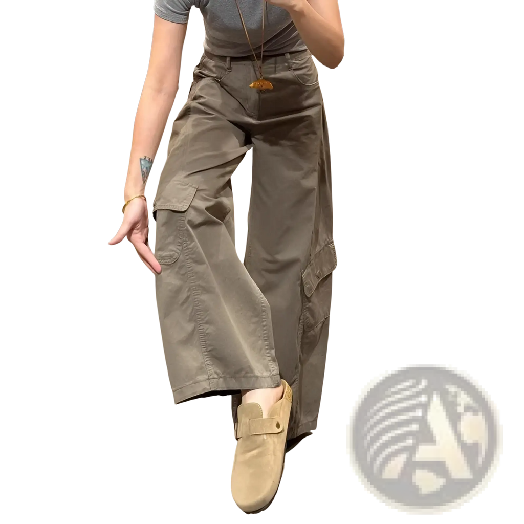 Women cargo pants high waist wide leg khaki with multiple pockets and relaxed fit in durable cotton fabric