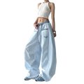 Light blue loose-fitting women cargo pants with drawstring waistband and subtle embroidered branding on the thigh