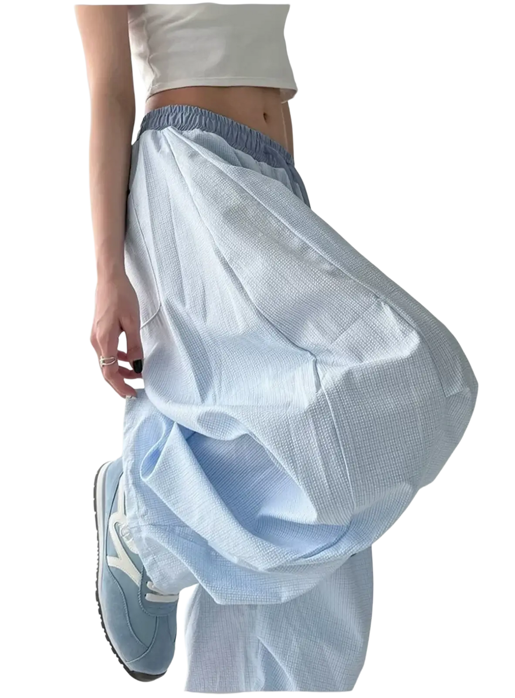 Light blue women cargo pants with loose fit, elastic waistband, subtle striped texture, y2k baggy wide leg style