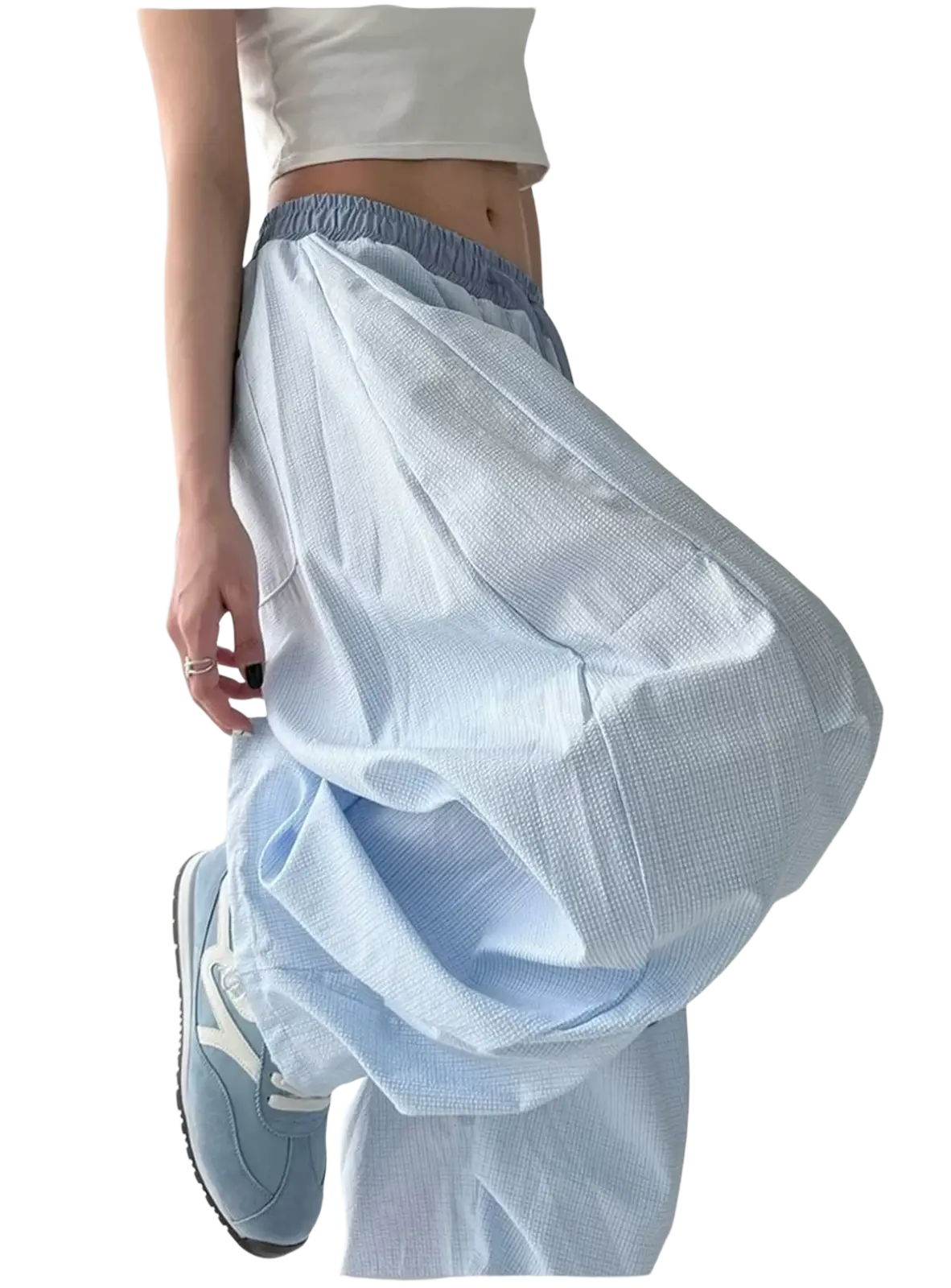 Light blue women cargo pants with loose fit, elastic waistband, subtle striped texture, y2k baggy wide leg style