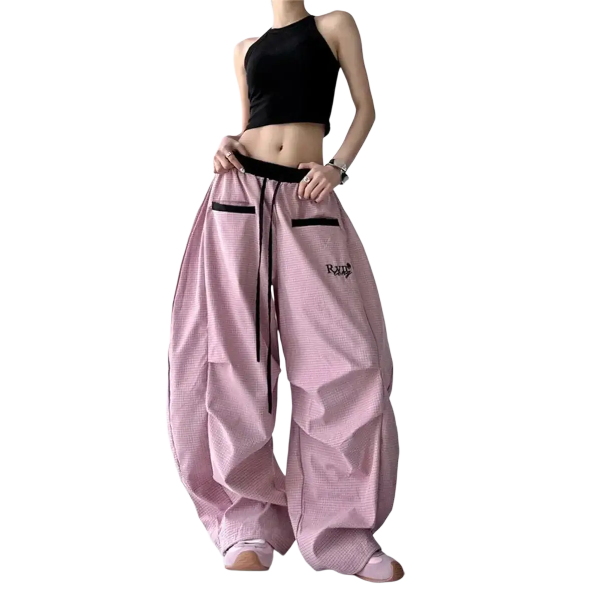Women cargo pants with pink stripes wide-leg design black drawstring and pocket trim for streetwear fashion