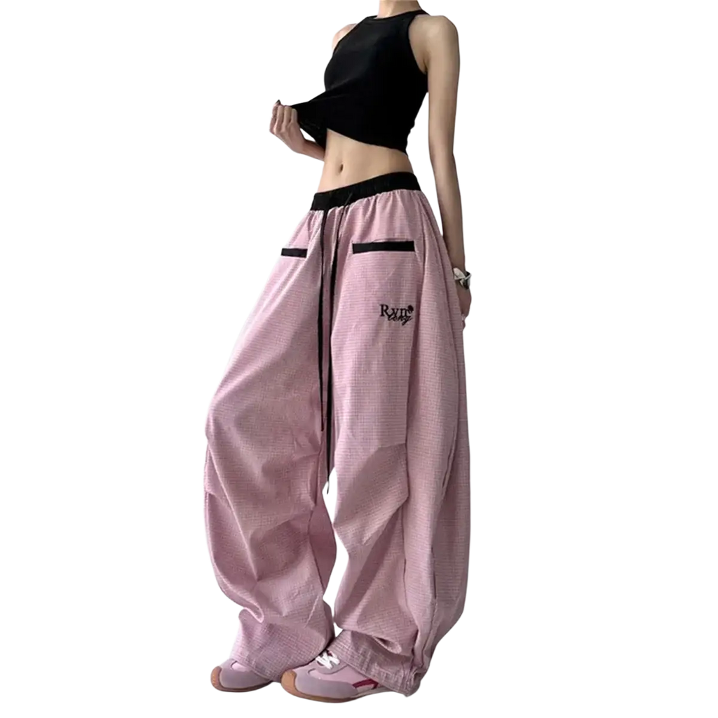 Women cargo pants y2k baggy wide leg streetwear in pink textured fabric with black drawstring waistband and side pockets