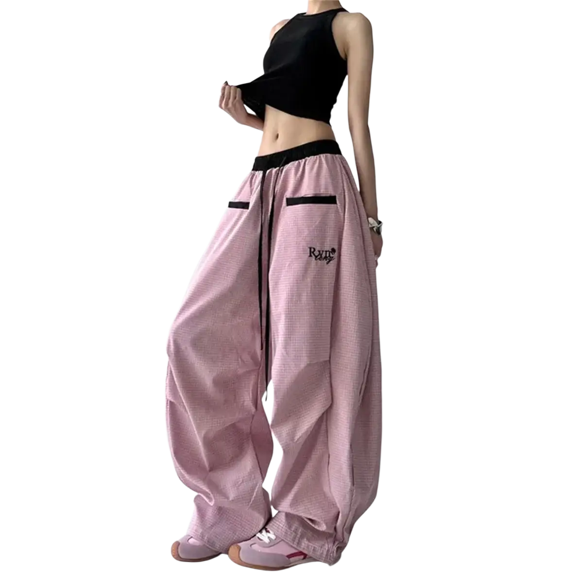 Women cargo pants y2k baggy wide leg streetwear in pink textured fabric with black drawstring waistband and side pockets