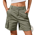 Olive green women cargo shorts with multiple pockets and elastic waist for casual wear featuring button closure