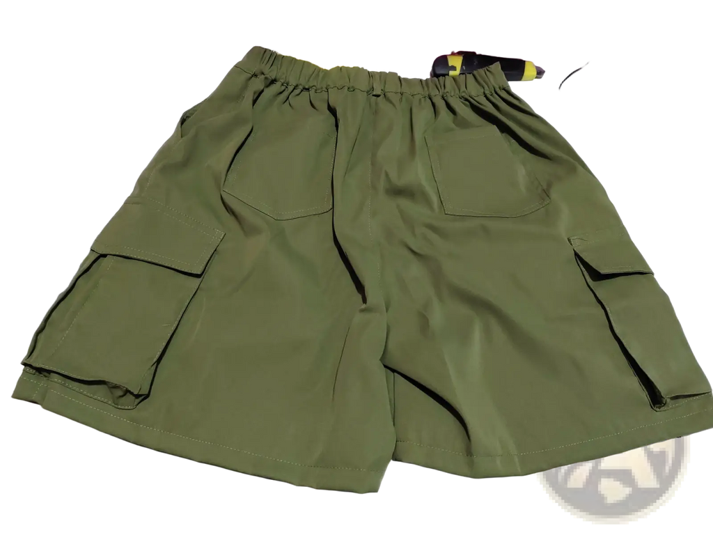 Olive green women’s cargo shorts with multiple pockets and elastic waistband for casual wear