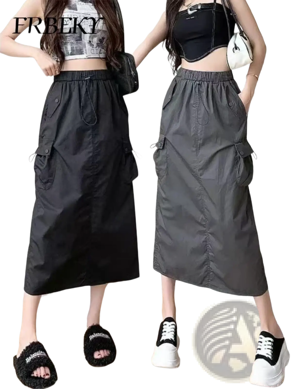 Women cargo utility maxi skirt in black and gray with elastic waistband multiple side pockets and relaxed fit