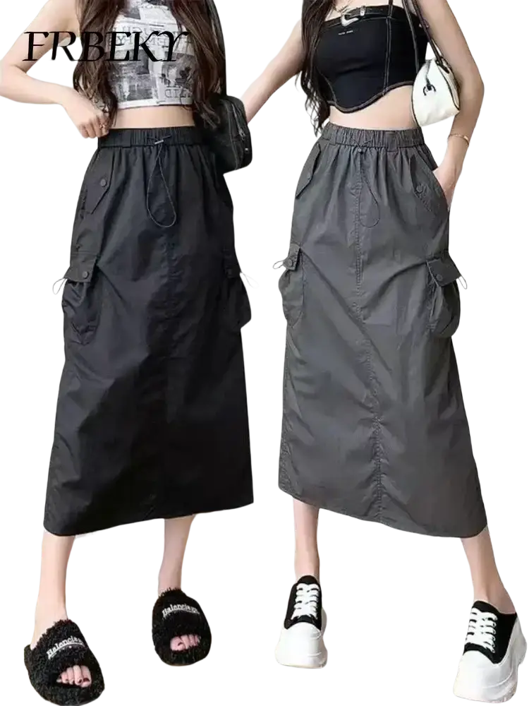 Women cargo utility maxi skirts in black and gray with elastic waistbands side pockets and drawstrings for versatile wear