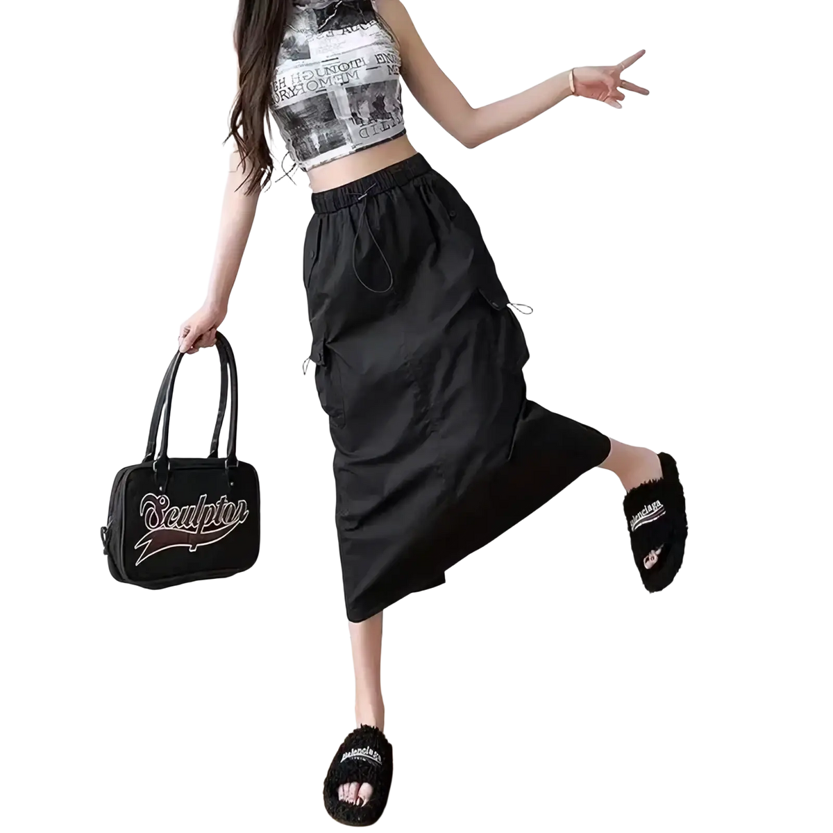Black handbag with sculptor logo in white cursive and metallic outline paired with women cargo utility maxi skirt