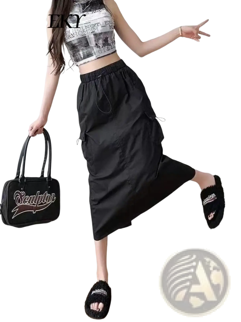 Black handbag with white sculptor logo and swoosh design paired with women cargo utility maxi skirt visible from front