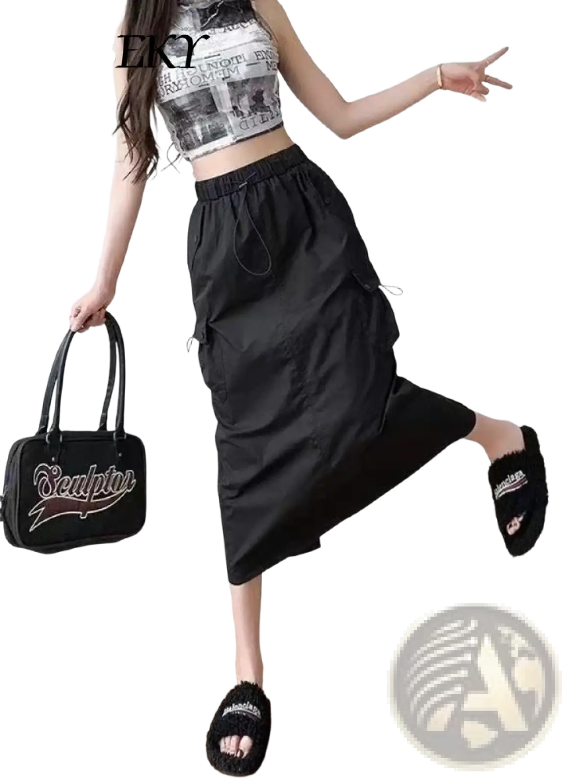 Black handbag with white sculptor logo and swoosh design paired with women cargo utility maxi skirt visible from front