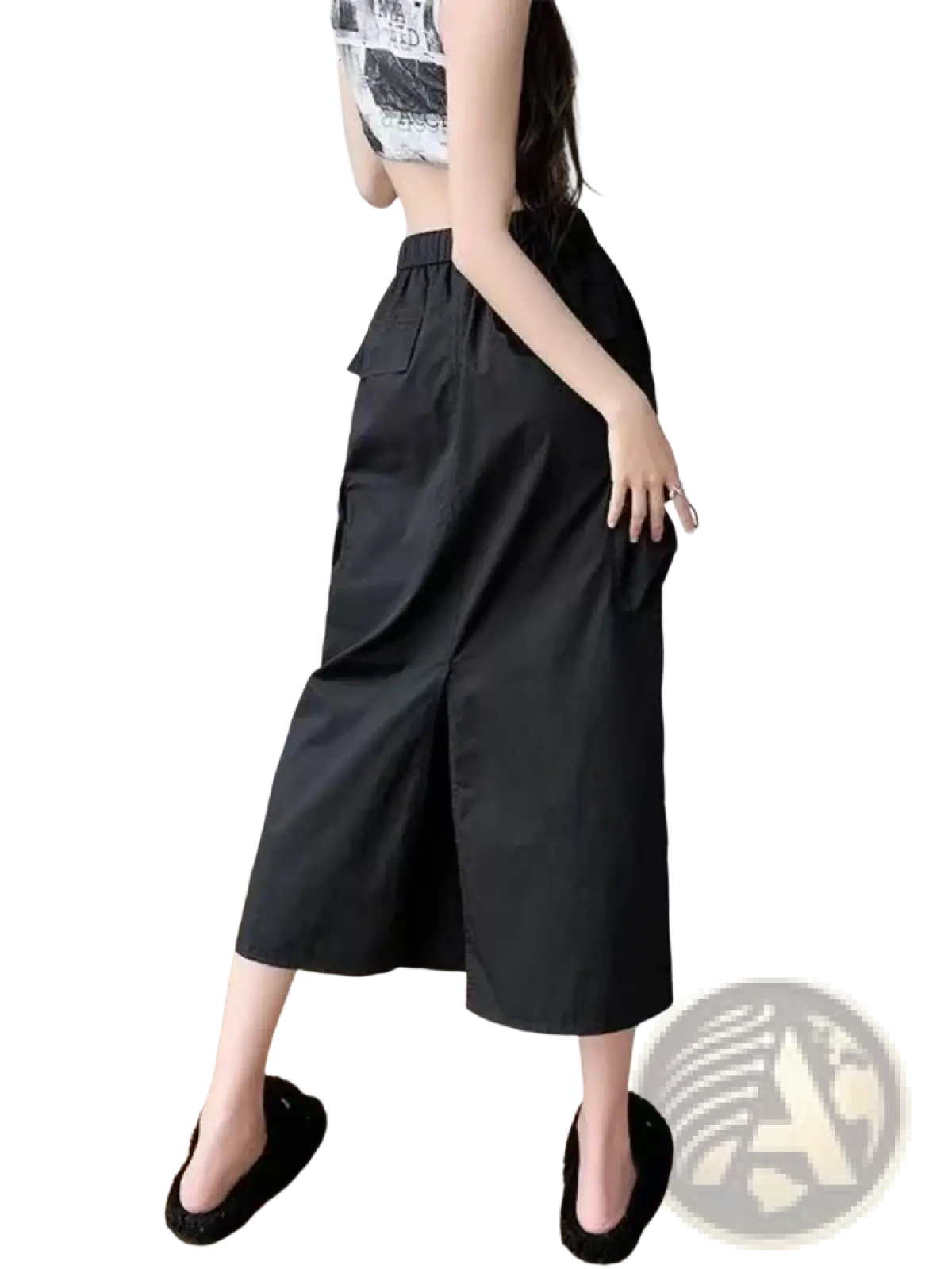 Women cargo utility maxi skirt in black high-waisted wide-leg trousers with relaxed fit and side pockets