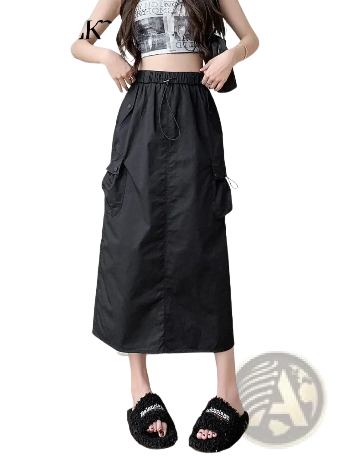 Black women cargo utility maxi skirt with multiple side pockets and drawstring waistband made of durable fabric