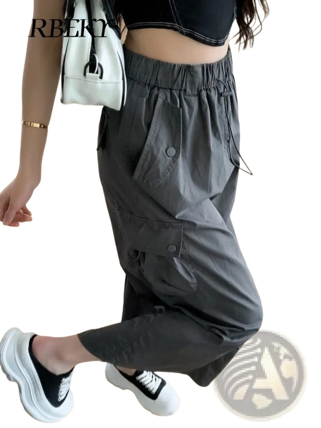 Dark gray women cargo utility maxi skirt with multiple pockets and elastic waistband in durable fabric