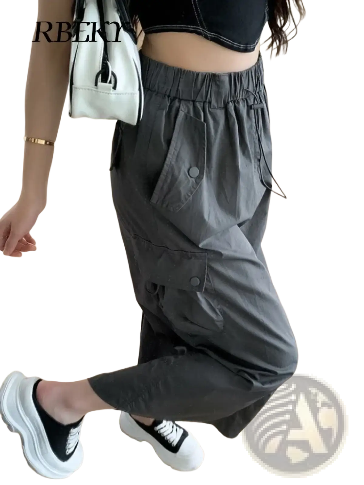 Dark gray women cargo utility maxi skirt with multiple pockets and elastic waistband in durable fabric