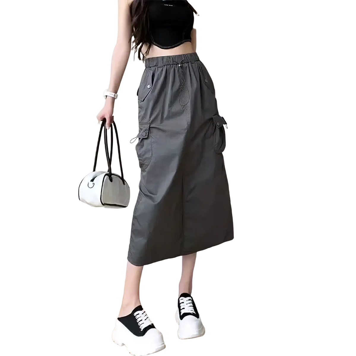 Gray women cargo utility maxi skirt with multiple pockets and elastic waistband designed for functional wear
