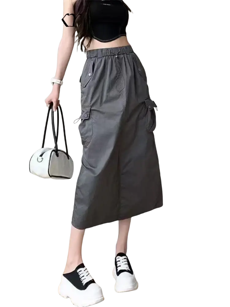 Gray women cargo utility maxi skirt with multiple pockets and elastic waistband for versatile casual wear