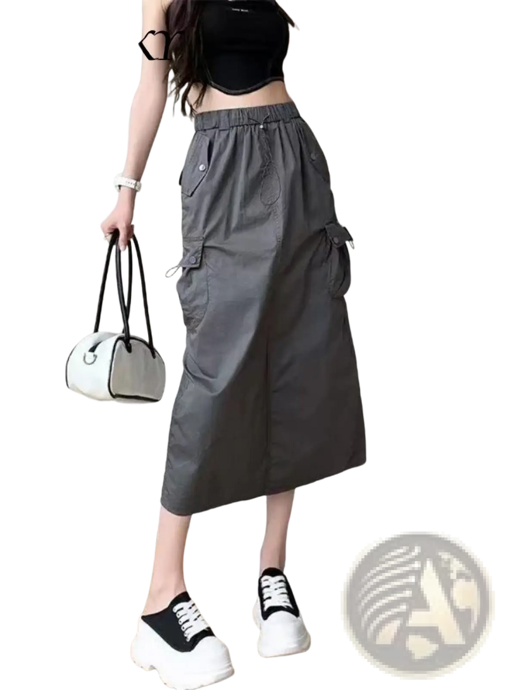 Gray women cargo utility maxi skirt with multiple pockets and elastic waistband showcasing the front side design