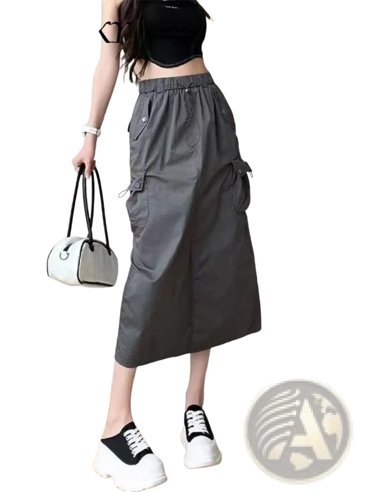 Gray women cargo utility maxi skirt with multiple pockets and elastic waistband showcasing the front side design