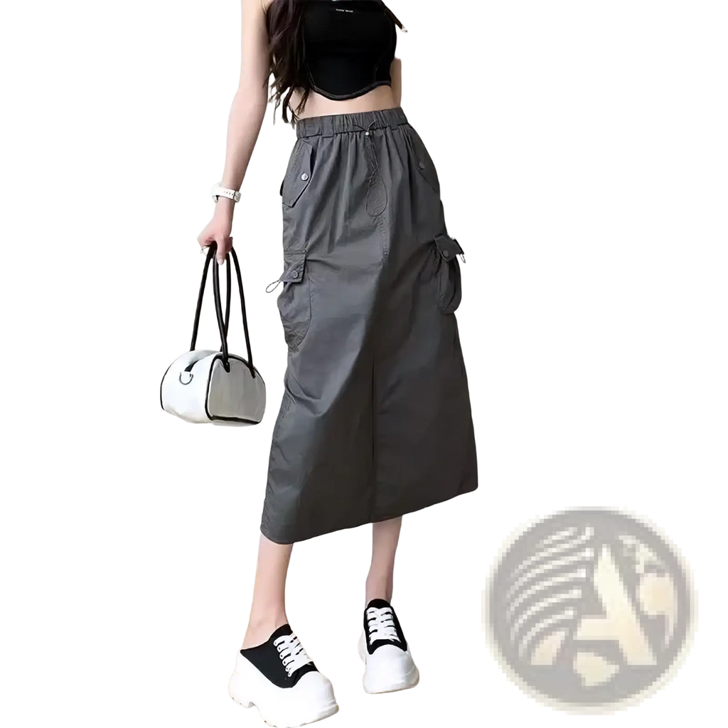 Gray women cargo utility maxi skirt with multiple pockets and elastic waistband designed for functional wear