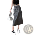 Gray women cargo utility maxi skirt with multiple pockets and elastic waistband designed for functional wear