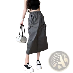 Gray women cargo utility maxi skirt with multiple pockets and elastic waistband designed for functional wear