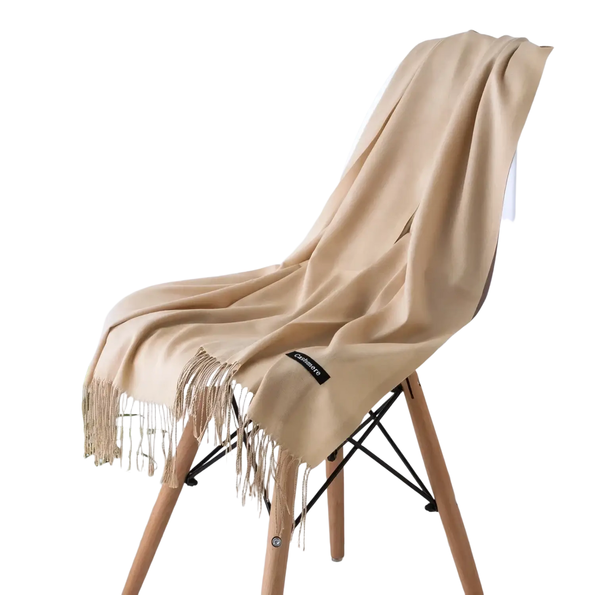 Beige cashmere feel winter scarf shawl with delicate fringe detailing and subtle brand label for women
