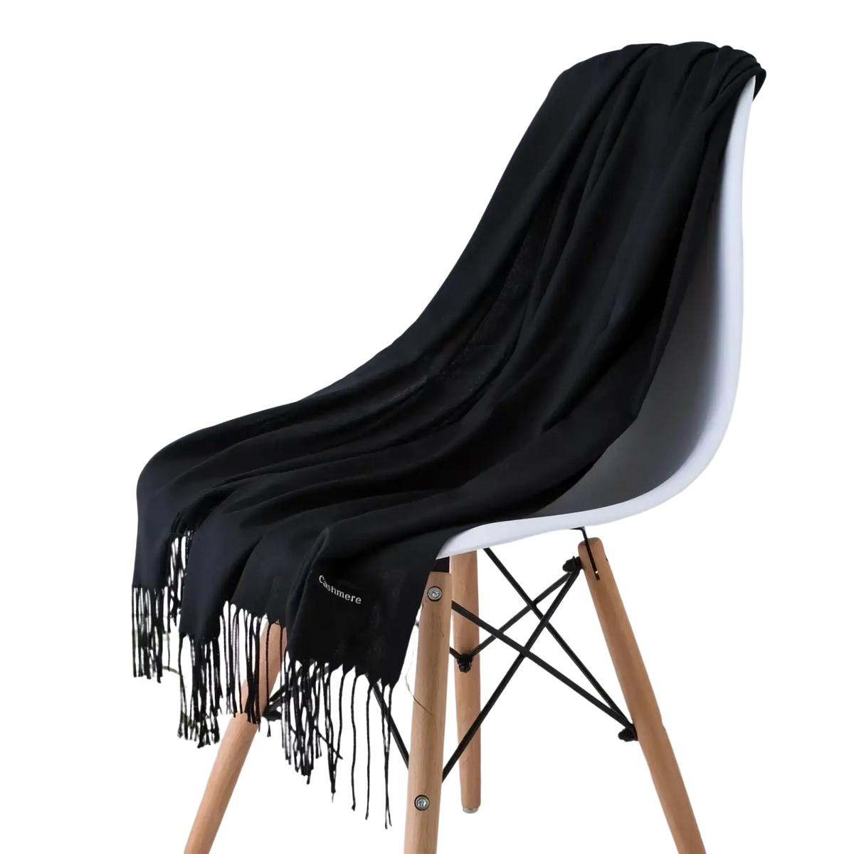 Black cashmere feel winter scarf shawl with fringe detailing and subtle embroidered brand logo