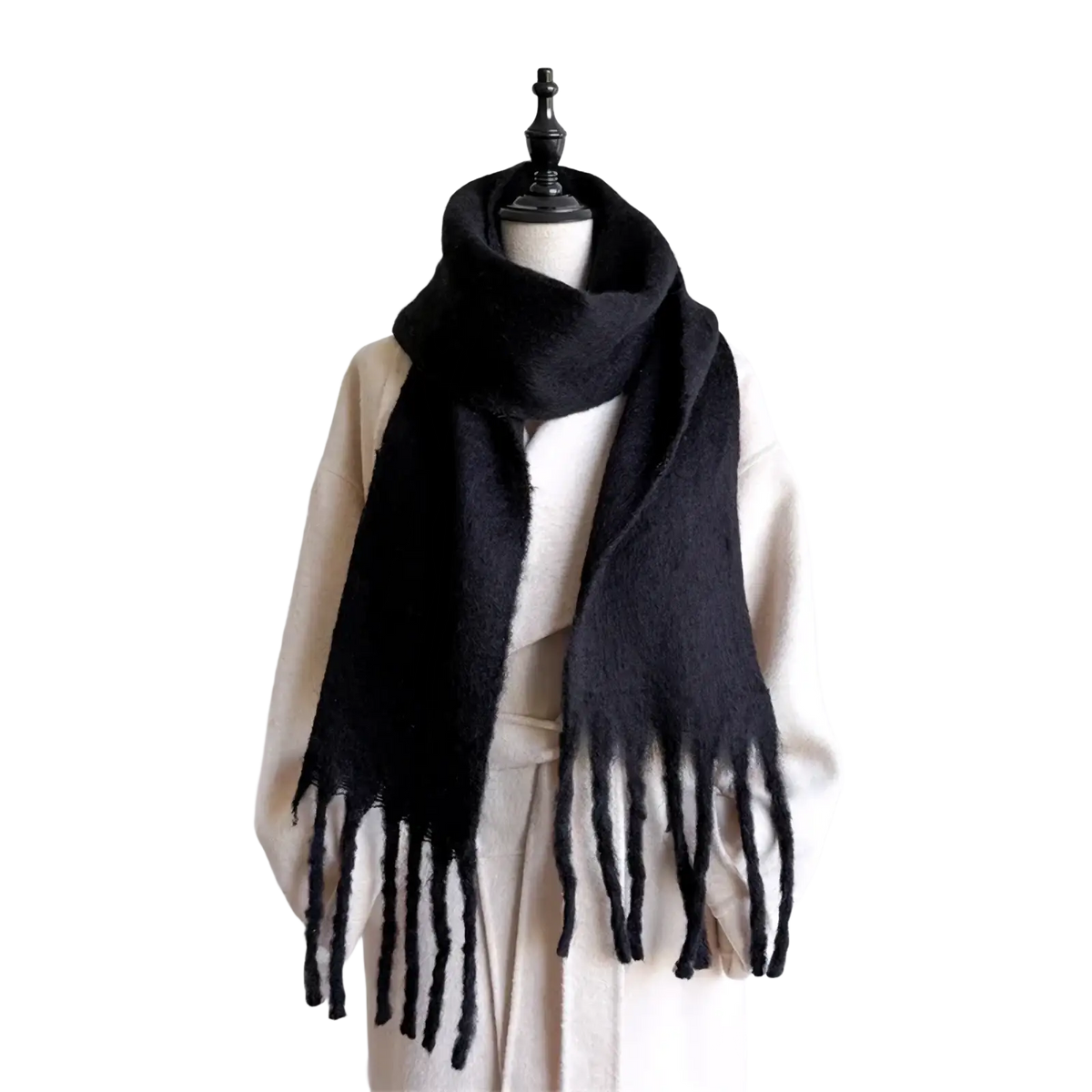 Black fluffy knit women cashmere feel winter scarf shawl with fringed ends for cold weather use