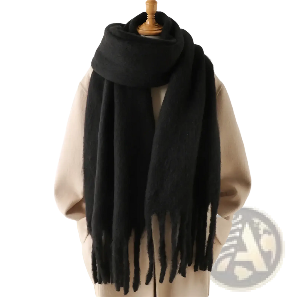 Black plush knit women cashmere feel winter scarf shawl with soft fringed edges for cold weather use