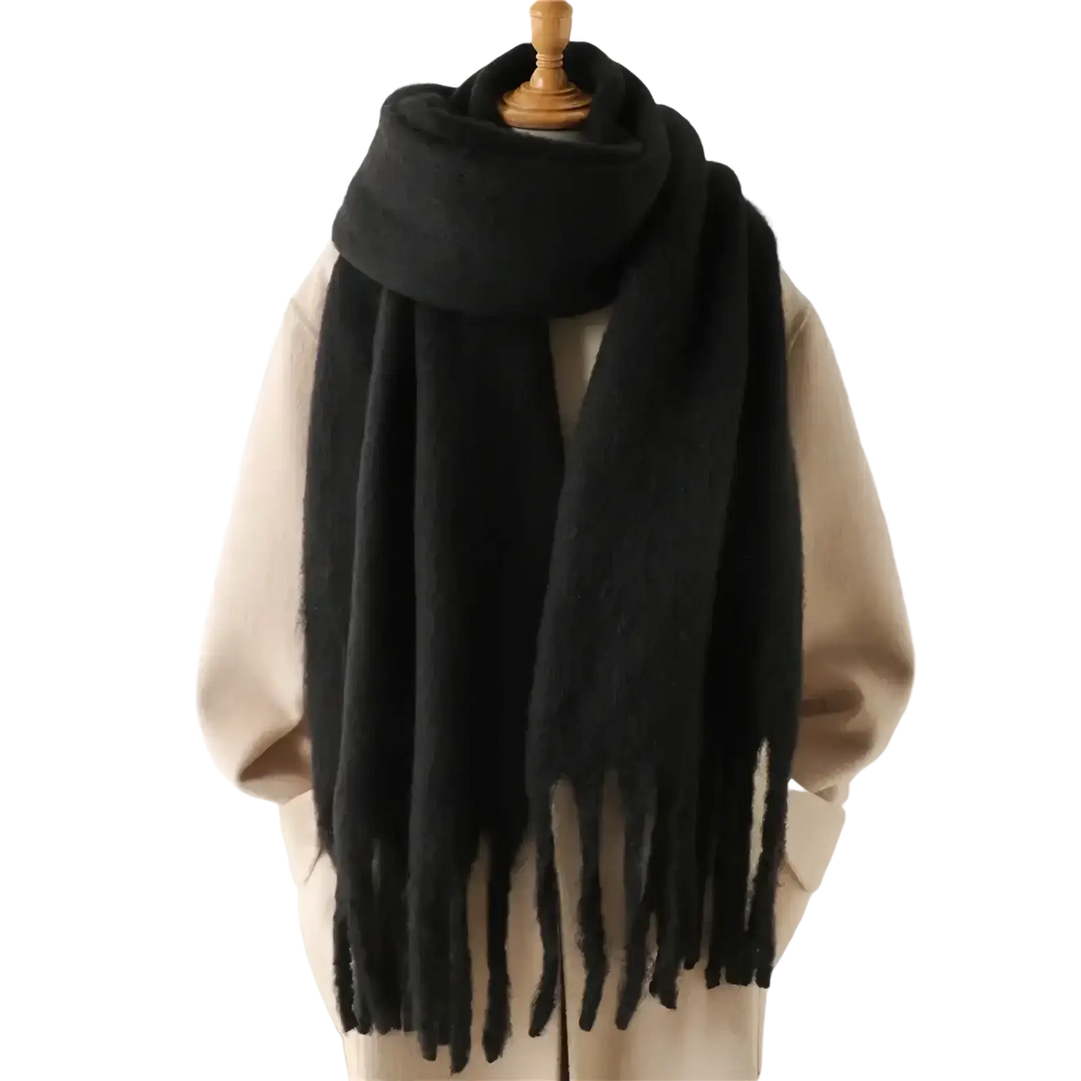 Black soft-textured knit women cashmere feel winter scarf shawl with long fringe ends for cold weather use