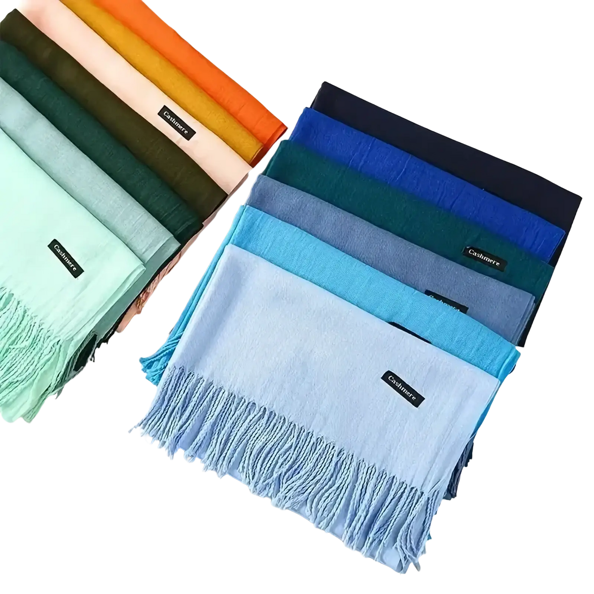A collection of pastel and vibrant colored cashmere feel winter scarves with fringed edges for women