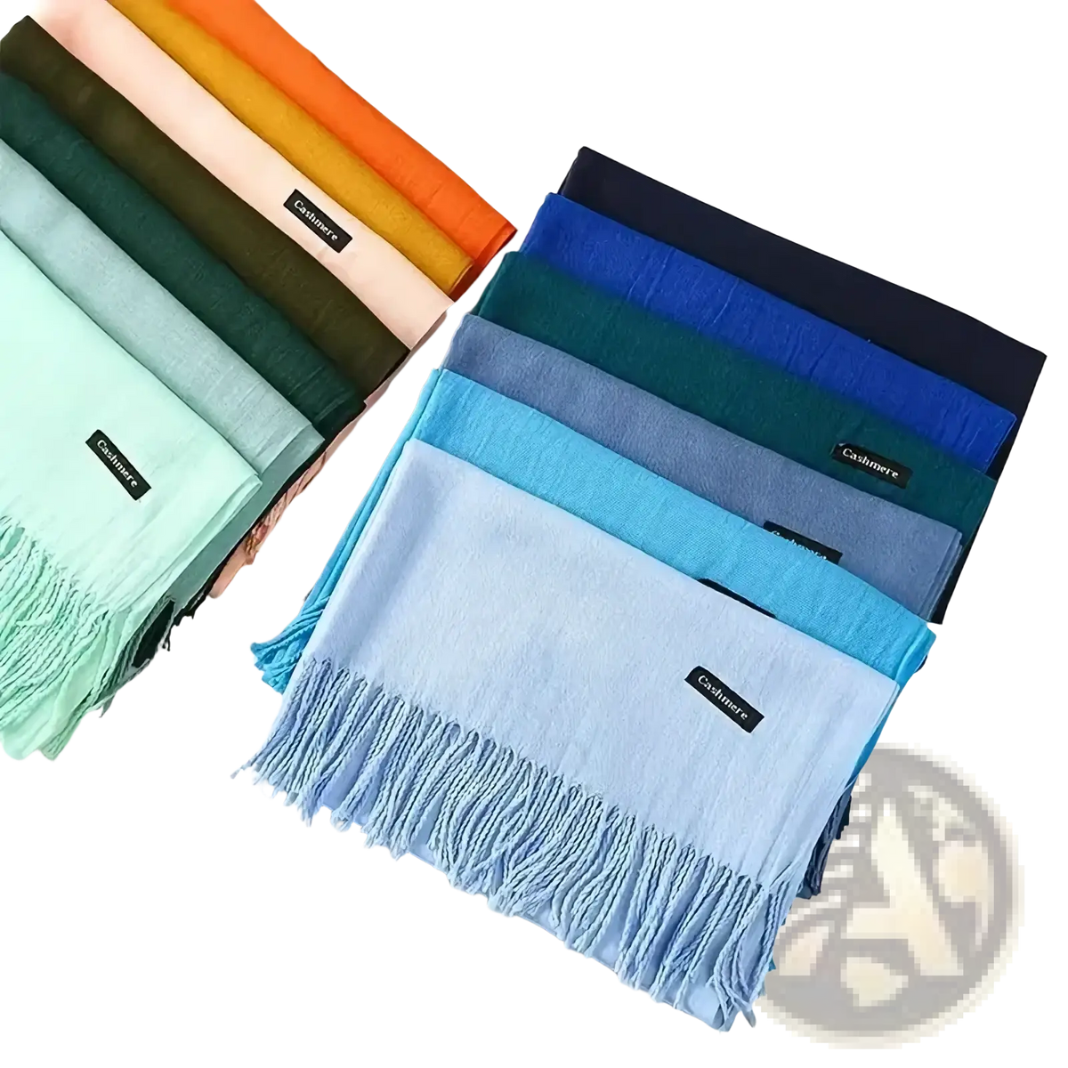 A collection of pastel and vibrant colored cashmere feel winter scarves with fringed edges for women